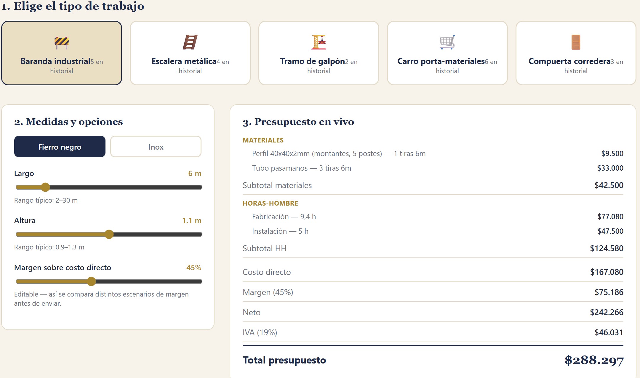 Cotizador: pieza, medidas y presupuesto en vivo