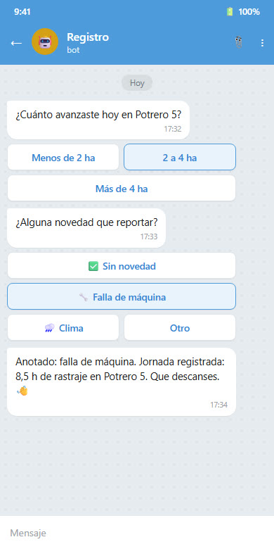 Bot de Telegram registrando el cierre de una faena