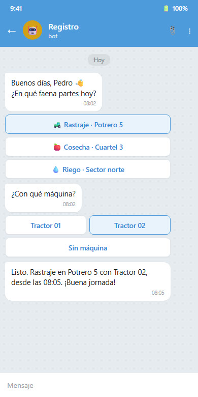 Bot de Telegram registrando el inicio de una faena