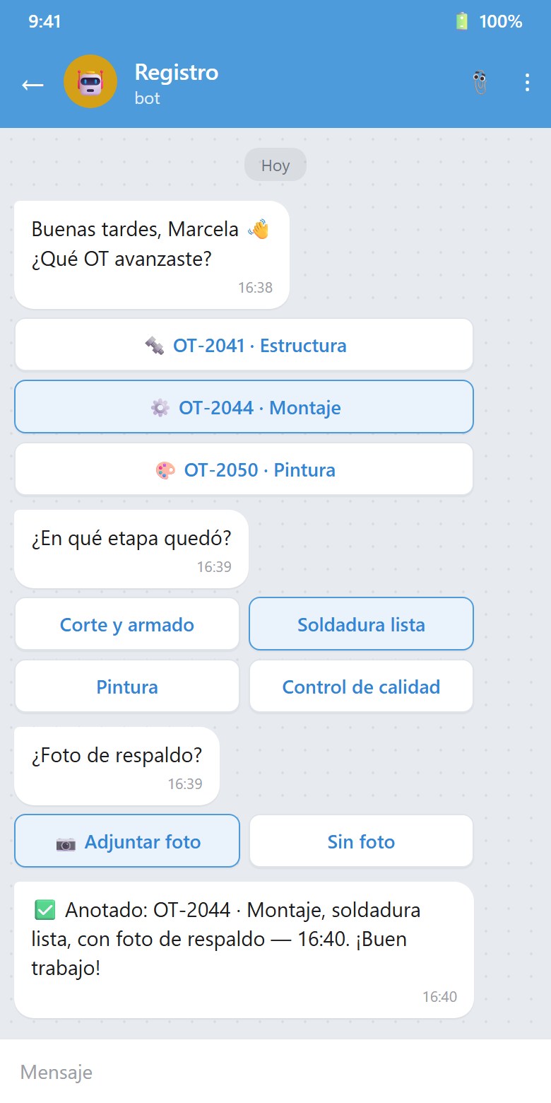 Bot de Registro en una maestranza: avance por orden de trabajo, etapa y foto de respaldo
