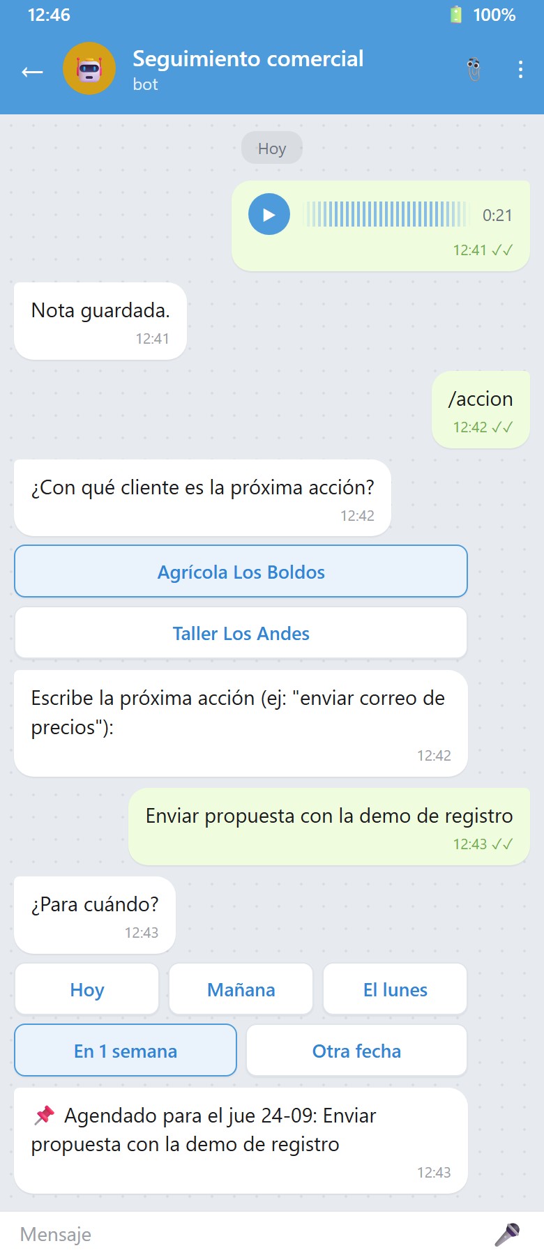 Bot de Seguimiento comercial en Telegram: nota de voz guardada y próxima acción agendada con botones de fecha