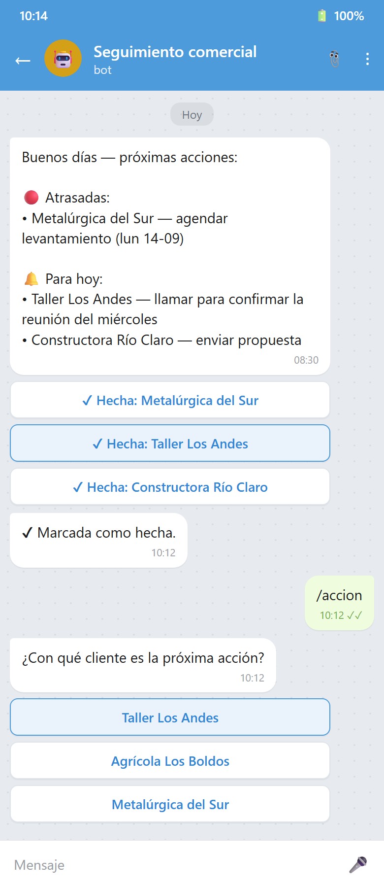 Recordatorio de la mañana con las próximas acciones, por Telegram
