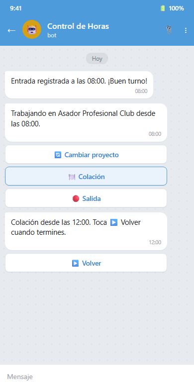 Bot de Telegram de Control de Horas: entrada registrada, cambiar proyecto, colación y salida
